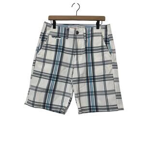 American Eagle Mens Classic Length Cream Blue Gray Plaid Cotton Shorts Size 30